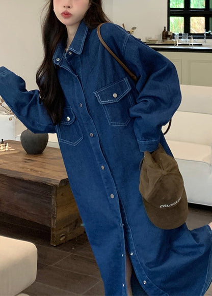 Loose Blue Peter Pan Collar Button Denim Shirts Dresses Spring