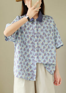 Loose Blue Peter Pan Collar Button Print Cotton Blouses Summer