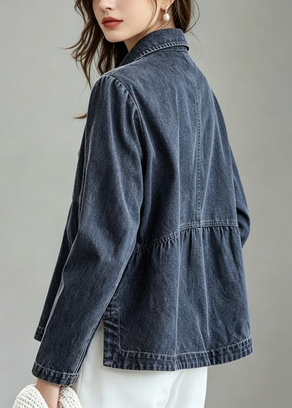 Loose Blue Peter Pan Collar Pockets Denim Jacket Fall