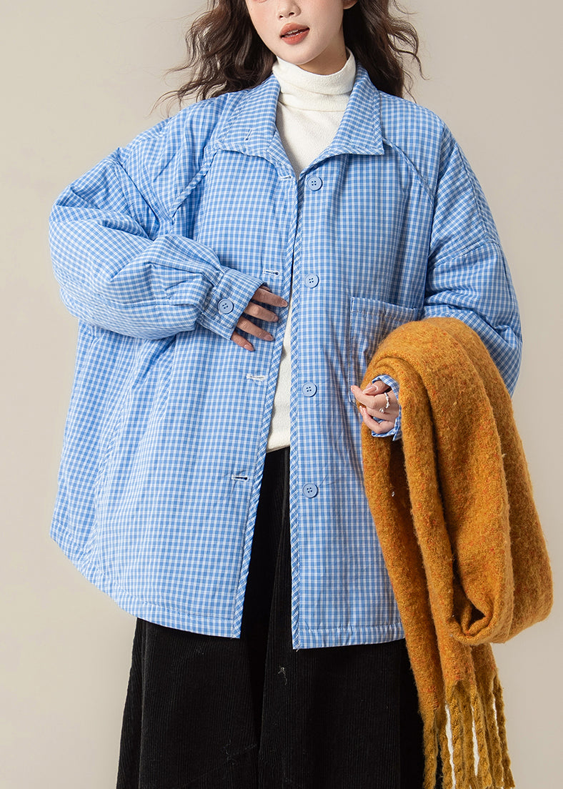 Loose Blue Peter Pan Collar Pockets Plaid Parkas Winter