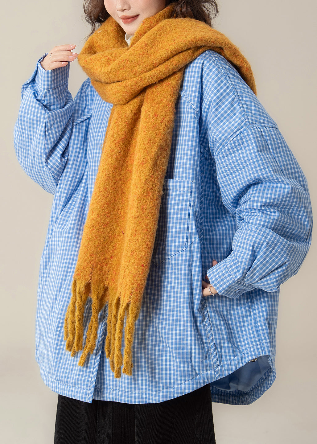 Loose Blue Peter Pan Collar Pockets Plaid Parkas Winter