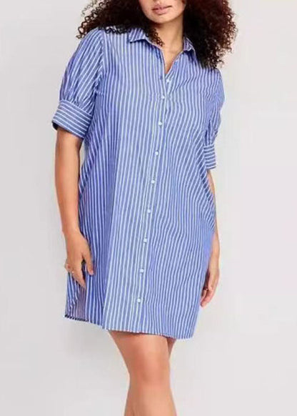 Loose Blue Peter Pan Collar Striped Vacation Mid Shirts Dresses Summer
