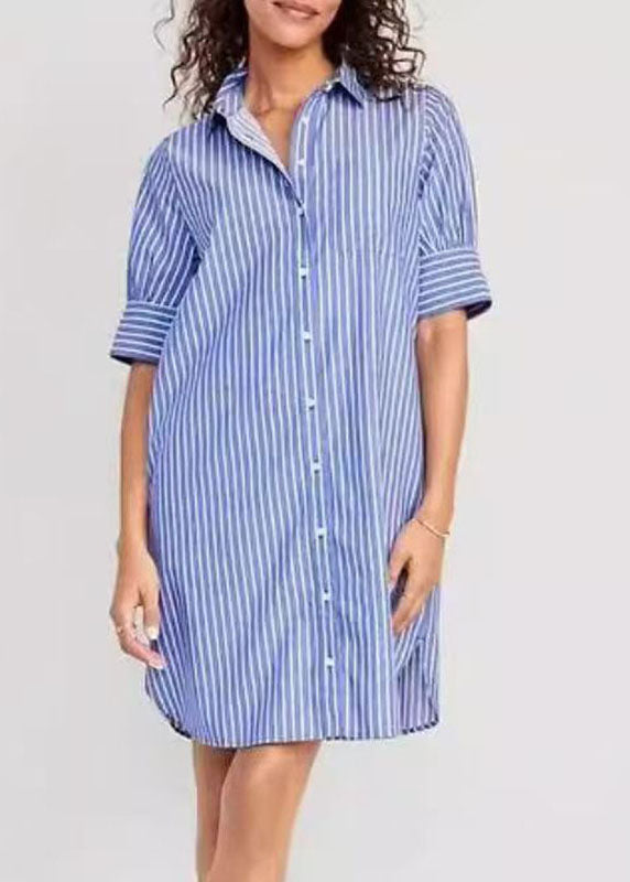 Loose Blue Peter Pan Collar Striped Vacation Mid Shirts Dresses Summer