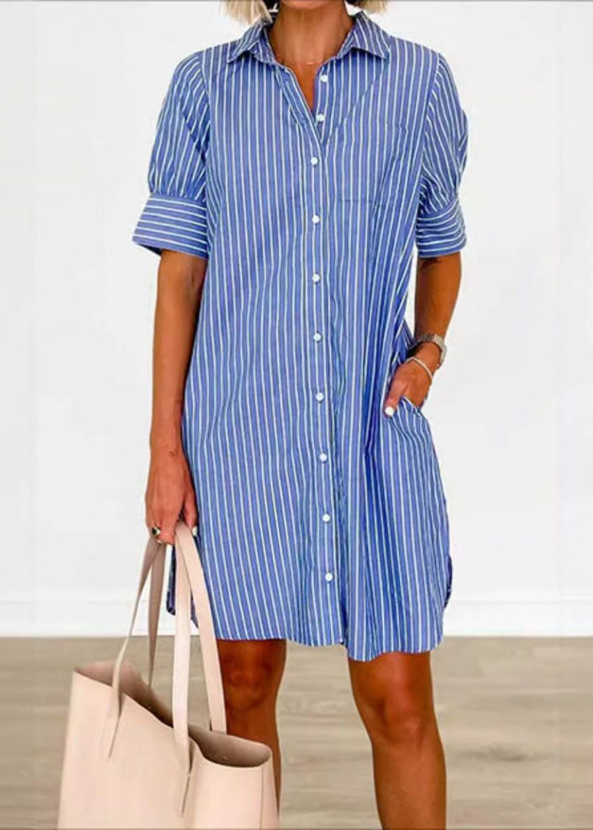 Loose Blue Peter Pan Collar Striped Vacation Mid Shirts Dresses Summer