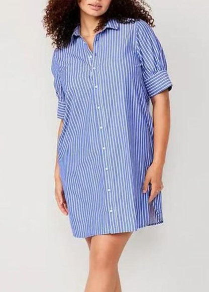 Loose Blue Peter Pan Collar Striped Vacation Mid Shirts Dresses Summer