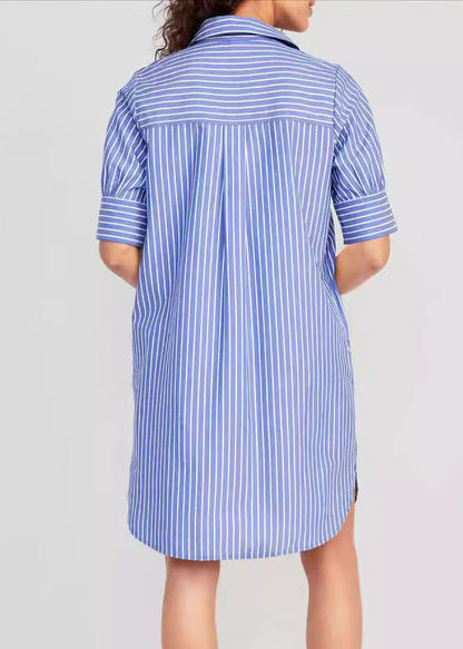 Loose Blue Peter Pan Collar Striped Vacation Mid Shirts Dresses Summer