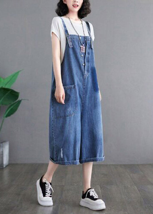 Loose Blue Pockets Patchwork Denim Jumpsuits Summer