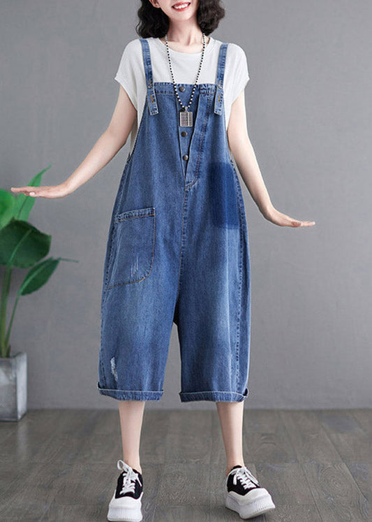Loose Blue Pockets Patchwork Denim Jumpsuits Summer