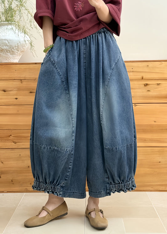 Loose Blue Pockets Patchwork Denim Lantern Pants Fall