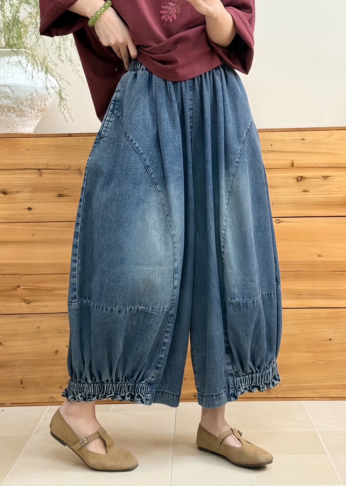 Loose Blue Pockets Patchwork Denim Lantern Pants Fall