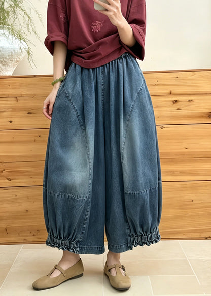 Loose Blue Pockets Patchwork Denim Lantern Pants Fall