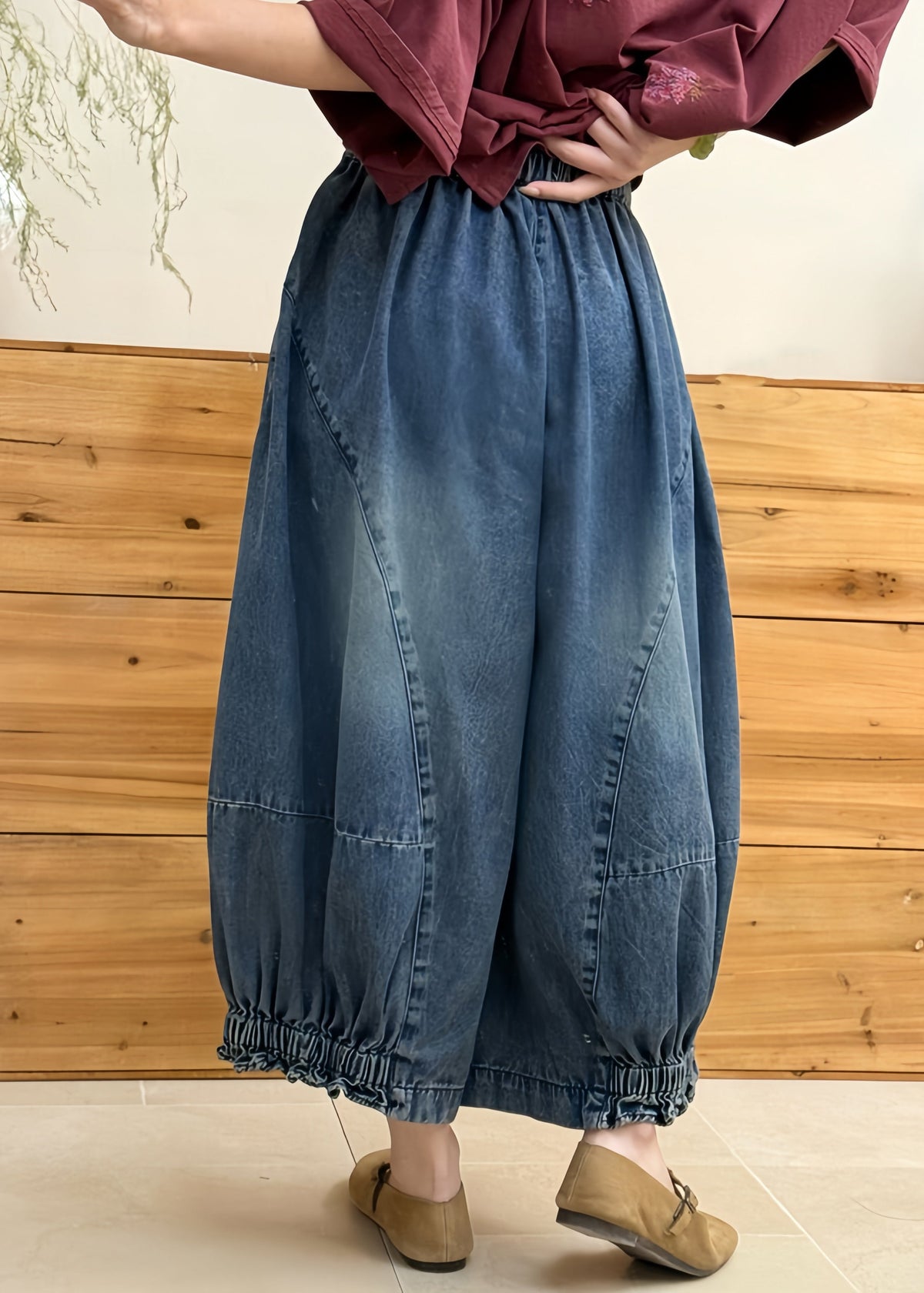 Loose Blue Pockets Patchwork Denim Lantern Pants Fall