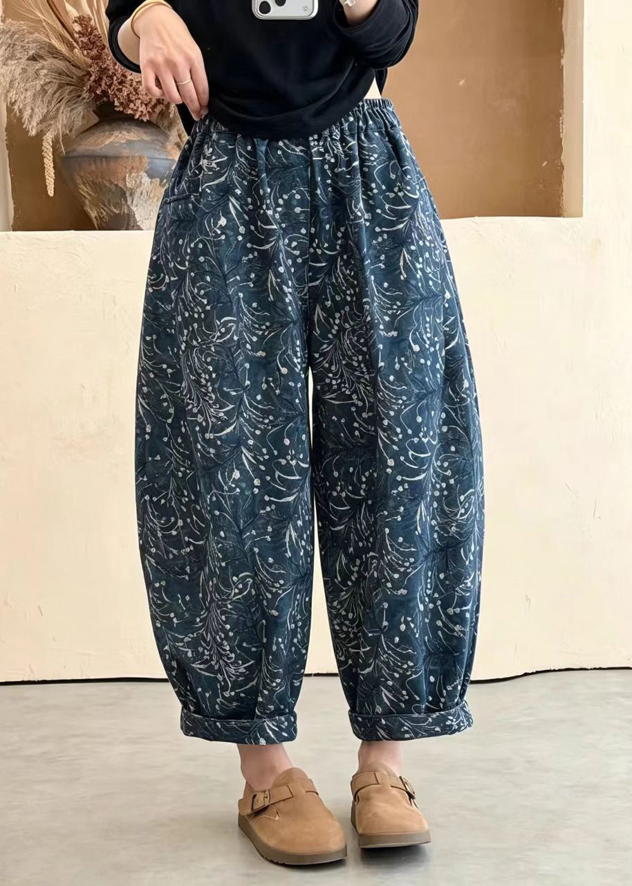 Loose Blue Pockets Print Elastic Waist Lantern Crop Pants Fall