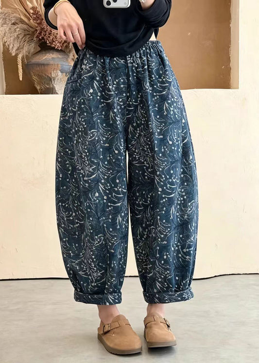 Loose Blue Pockets Print Elastic Waist Lantern Crop Pants Fall
