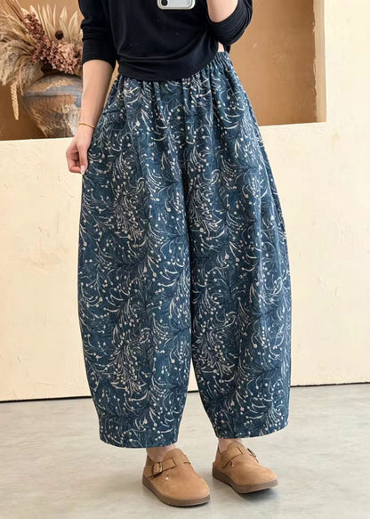 Loose Blue Pockets Print Elastic Waist Lantern Crop Pants Fall
