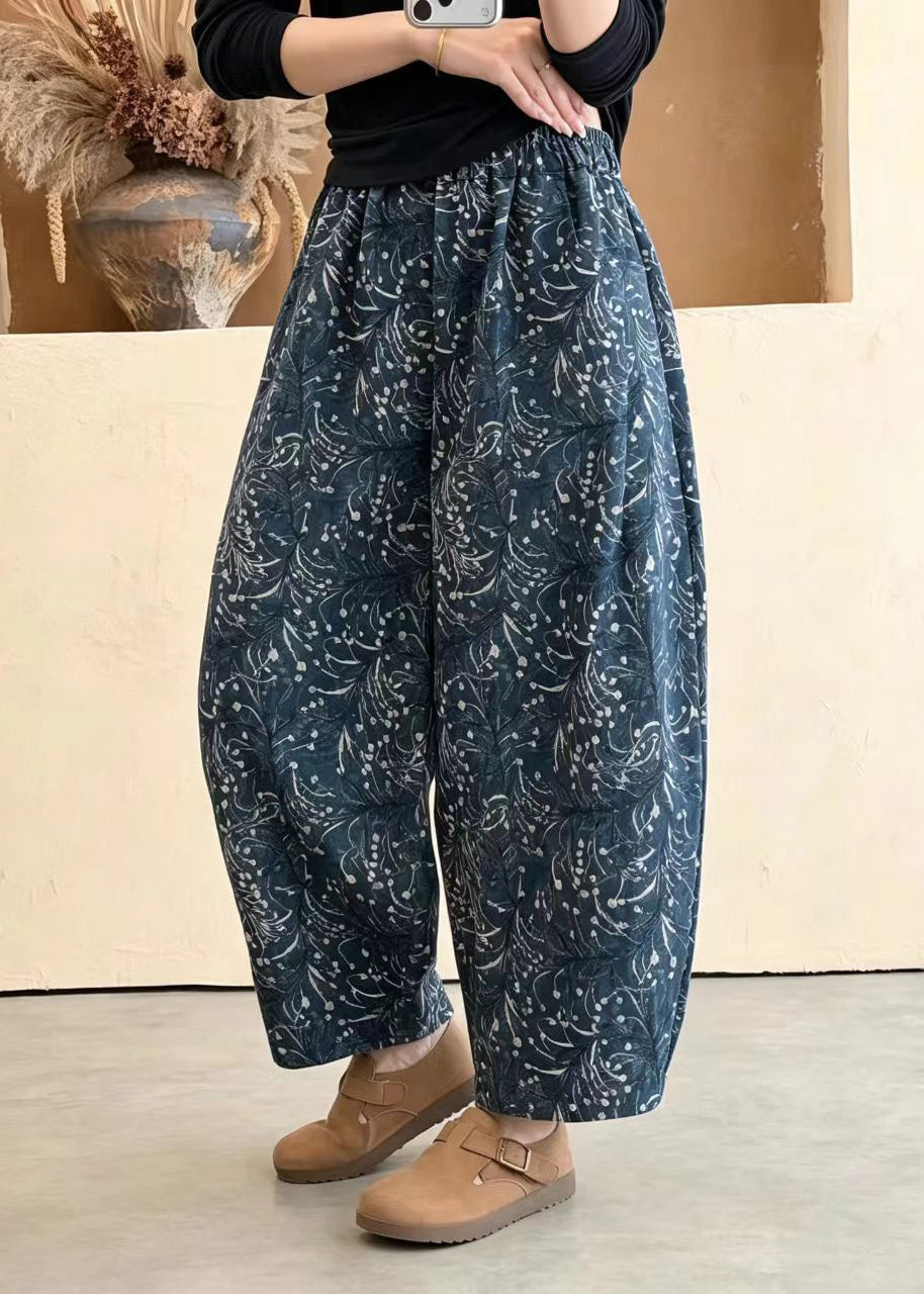 Loose Blue Pockets Print Elastic Waist Lantern Crop Pants Fall