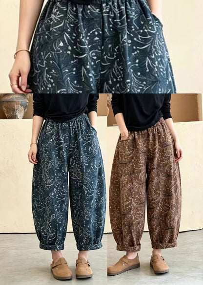 Loose Blue Pockets Print Elastic Waist Lantern Crop Pants Fall