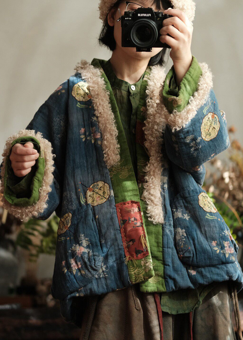 Loose Blue Pockets Print Faux Fur Patchwork Fine Cotton Filled Jacket Winter