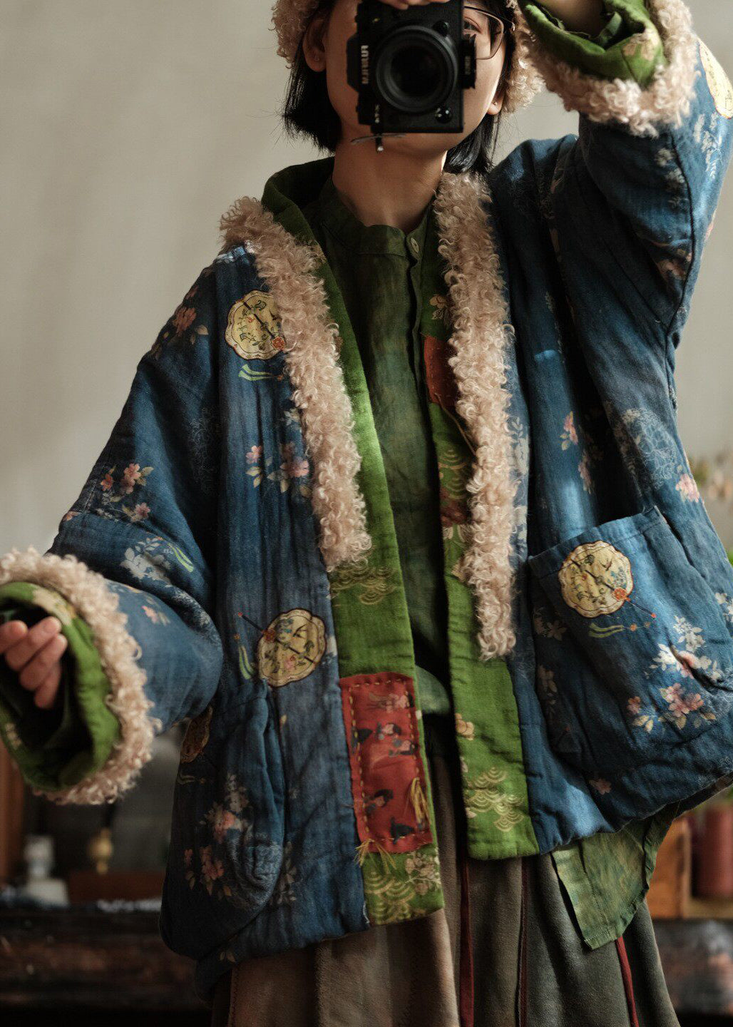 Loose Blue Pockets Print Faux Fur Patchwork Fine Cotton Filled Jacket Winter