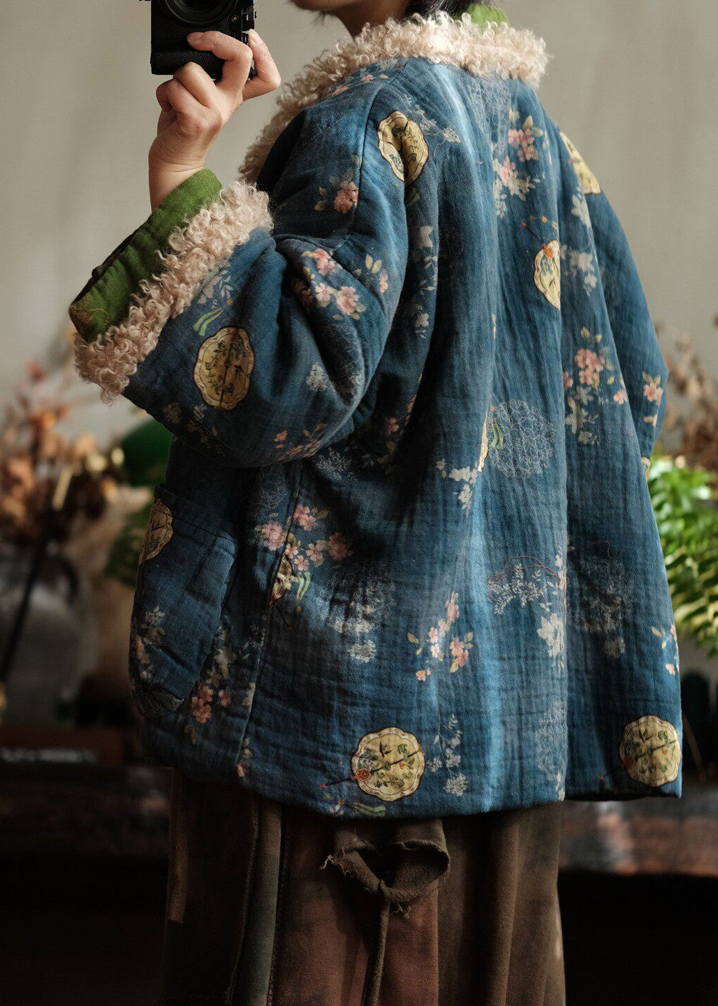 Loose Blue Pockets Print Faux Fur Patchwork Fine Cotton Filled Jacket Winter