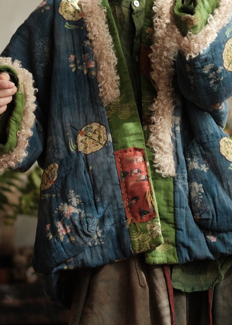 Loose Blue Pockets Print Faux Fur Patchwork Fine Cotton Filled Jacket Winter
