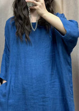 Load image into Gallery viewer, Loose Blue Pockets Side Open Linen Tops Bracelet Sleeve