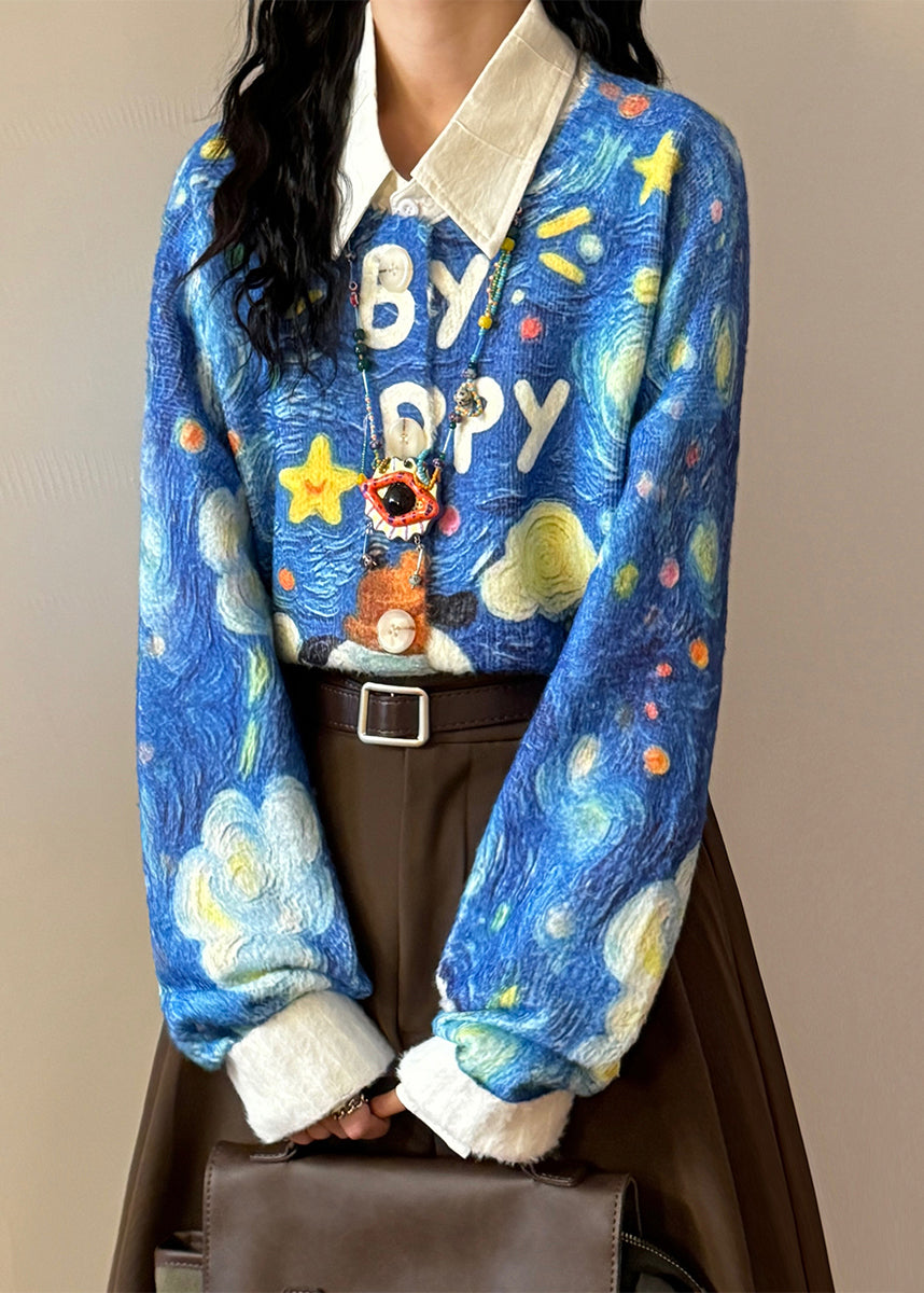 Loose Blue Print Button Cozy Knit Coats Spring