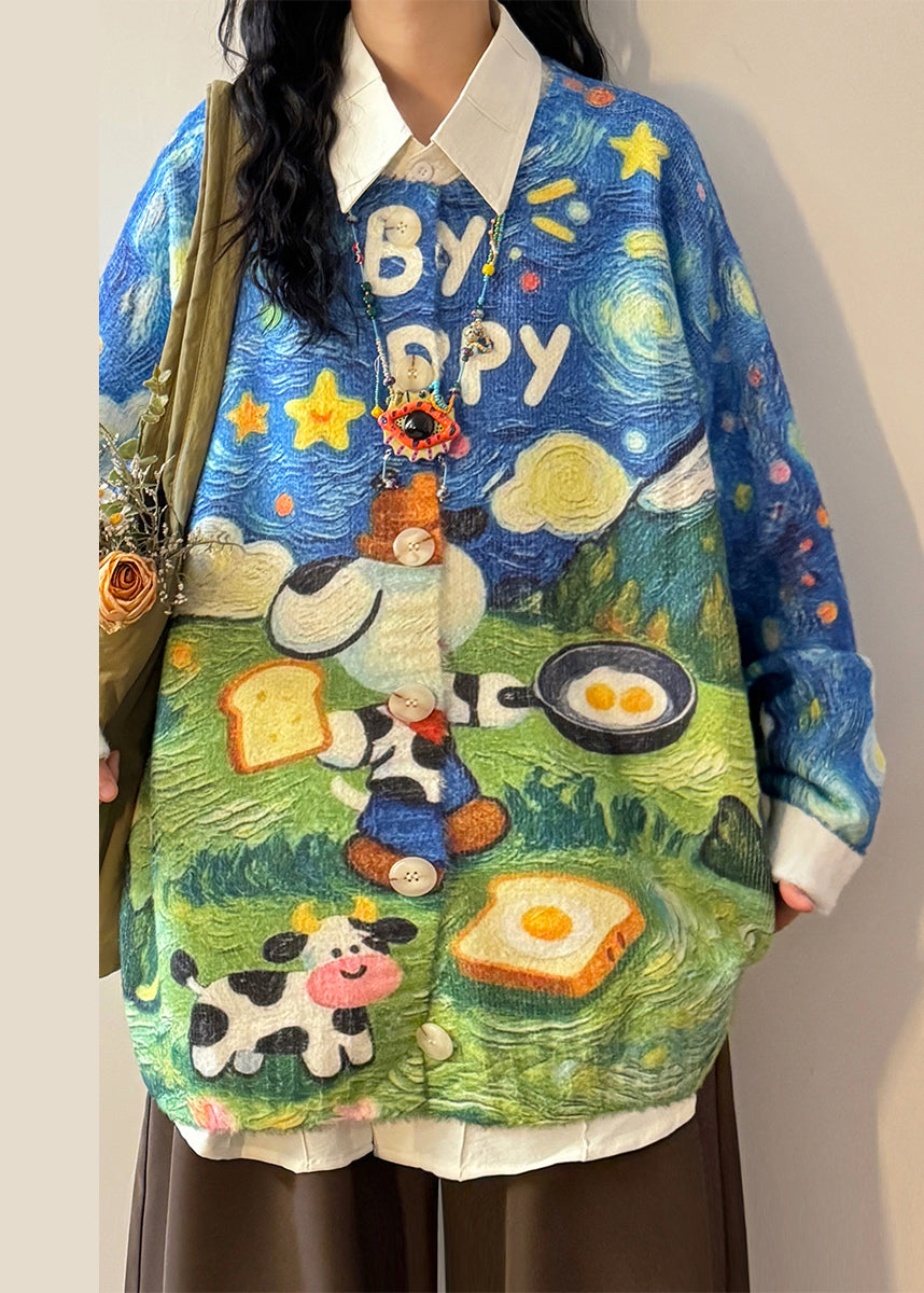 Loose Blue Print Button Cozy Knit Coats Spring