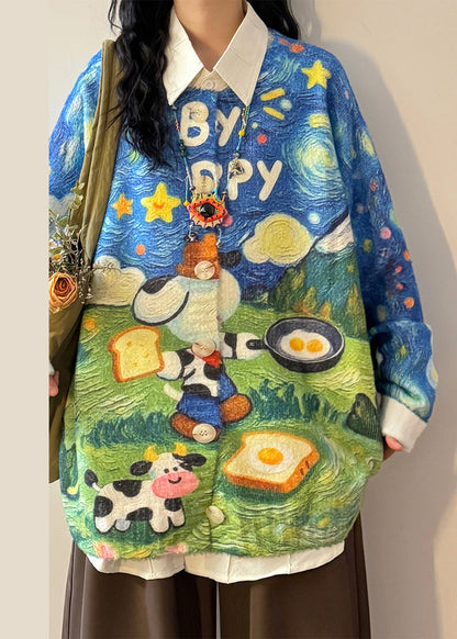 Loose Blue Print Button Cozy Knit Coats Spring