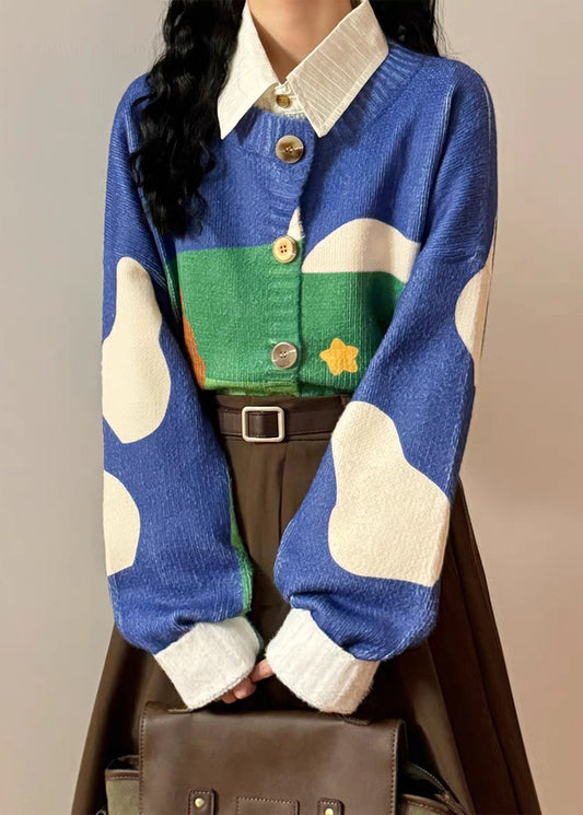 Loose Blue Print Button Cozy Patchwork Knit Sweater