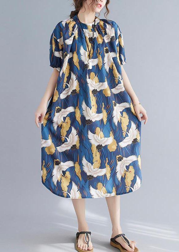 Loose Blue Print Cotton O-Neck Loose Summer Mid Dress - SooLinen