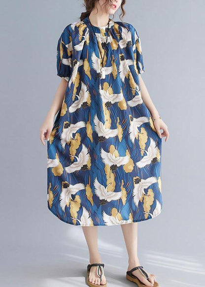 Loose Blue Print Cotton O-Neck Loose Summer Mid Dress - SooLinen