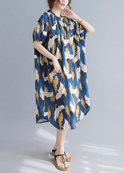 Loose Blue Print Cotton O-Neck Loose Summer Mid Dress - SooLinen