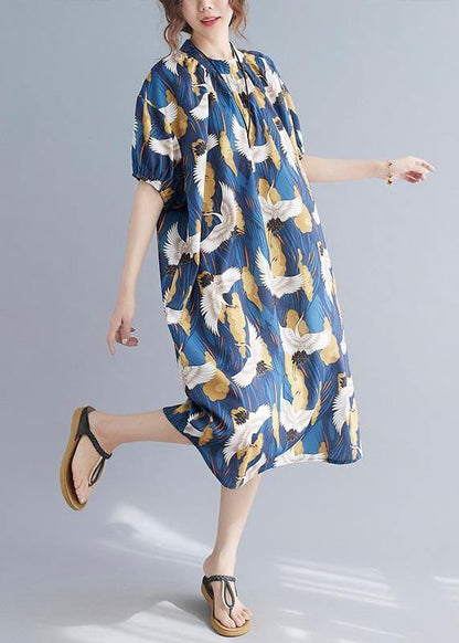 Loose Blue Print Cotton O-Neck Loose Summer Mid Dress - SooLinen