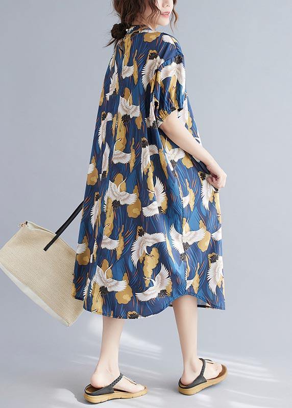 Loose Blue Print Cotton O-Neck Loose Summer Mid Dress - SooLinen