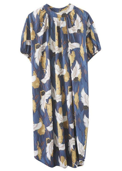 Loose Blue Print Cotton O-Neck Loose Summer Mid Dress - SooLinen