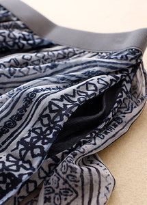 Loose Blue Print Elastic Waist Layered Silk Cotton Wide Leg Pants