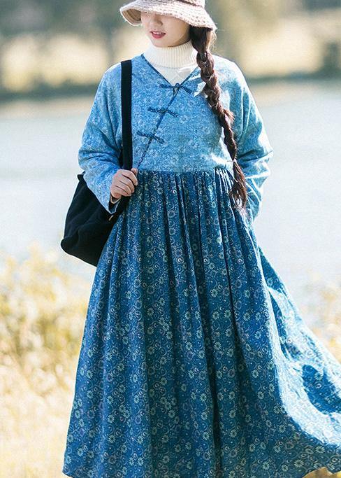 Loose Blue Print Robes V-Neck Patchwork Spring Dresses - SooLinen