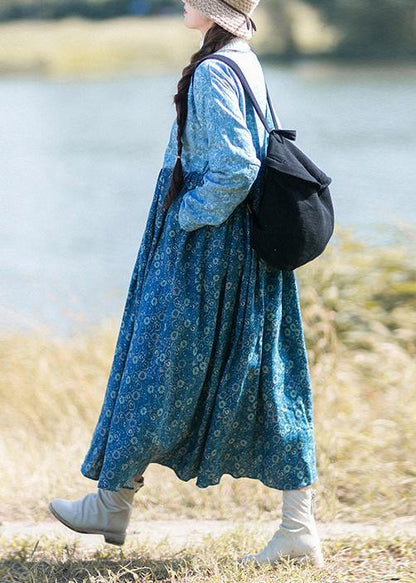 Loose Blue Print Robes V-Neck Patchwork Spring Dresses - SooLinen