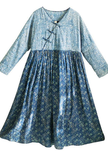 Loose Blue Print Robes V-Neck Patchwork Spring Dresses - SooLinen