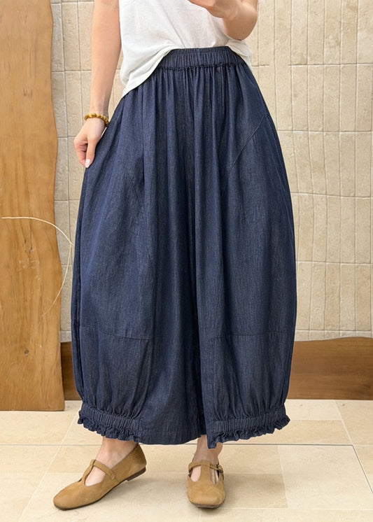 Loose Blue Ruffled Pockets Patchwork Denim Wide Leg Pants Fall