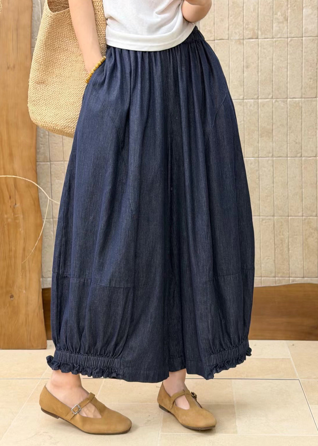 Loose Blue Ruffled Pockets Patchwork Denim Wide Leg Pants Fall