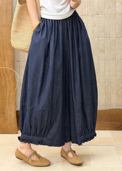 Loose Blue Ruffled Pockets Patchwork Denim Wide Leg Pants Fall