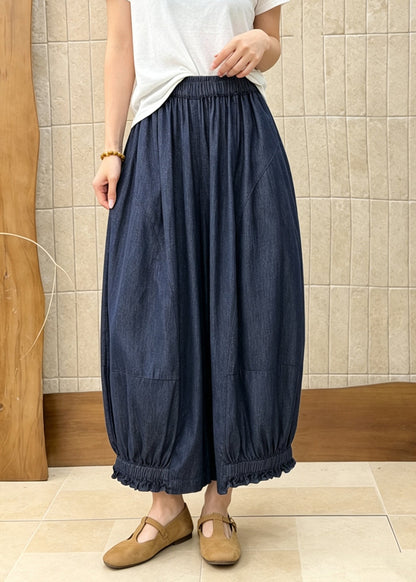 Loose Blue Ruffled Pockets Patchwork Denim Wide Leg Pants Fall