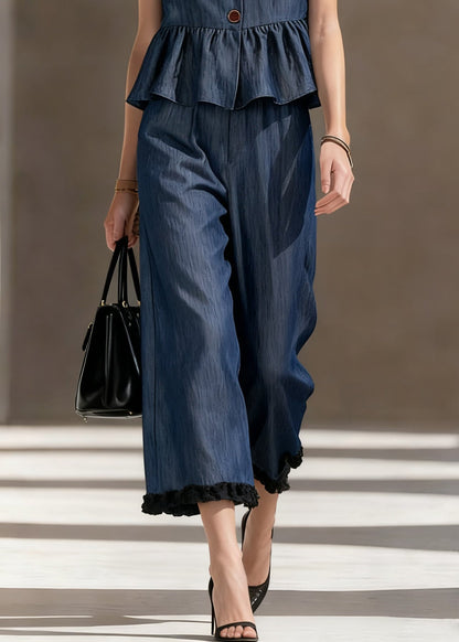 Loose Blue Ruffled Tops And Crop Pants Denim Two Pieces Set Sleeveless