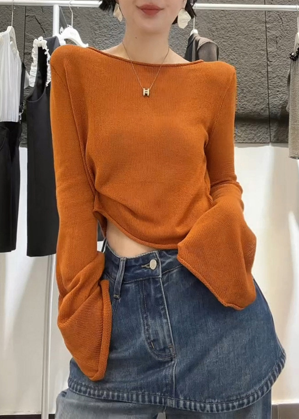 Loose Blue Solid Knit Tops Flare Sleeve