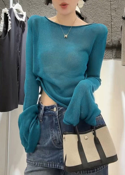 Loose Blue Solid Knit Tops Flare Sleeve