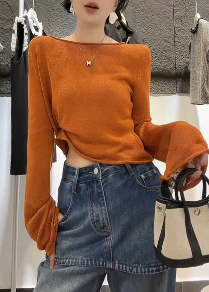 Loose Blue Solid Knit Tops Flare Sleeve