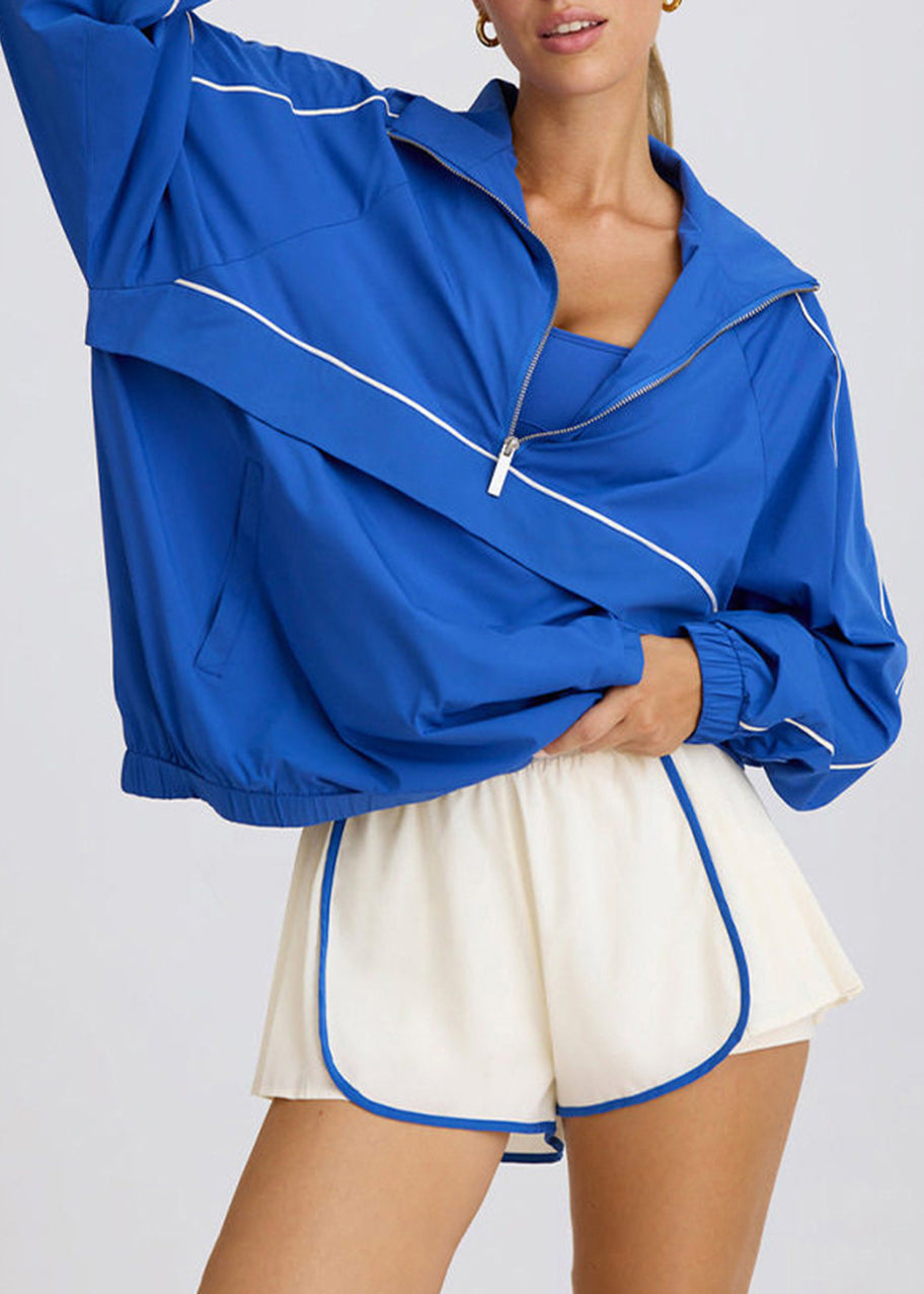 Loose Blue Stand Collar Half Zip Long Sleeve Breathable Athletic Top