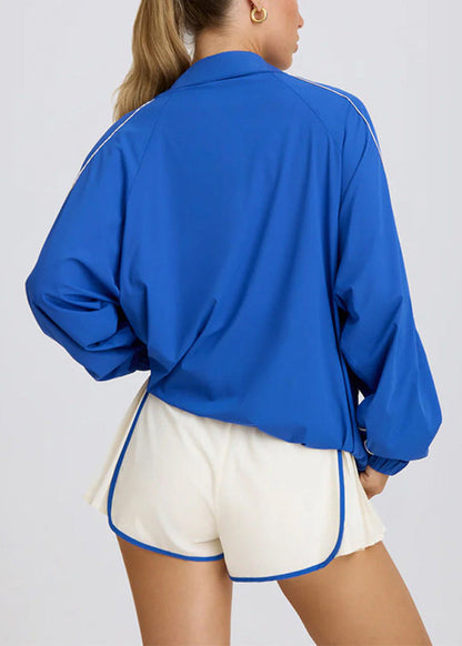 Loose Blue Stand Collar Half Zip Long Sleeve Breathable Athletic Top